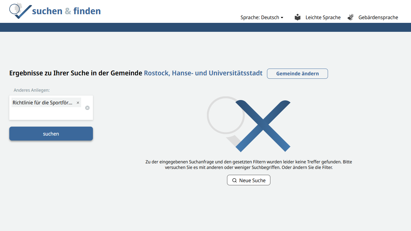 Ergebnisse der Suche im Frontend vor Release 9.7 Screenshot der Suche nach "Richtlinie für die Sportförderung" ohne Ergebnisse