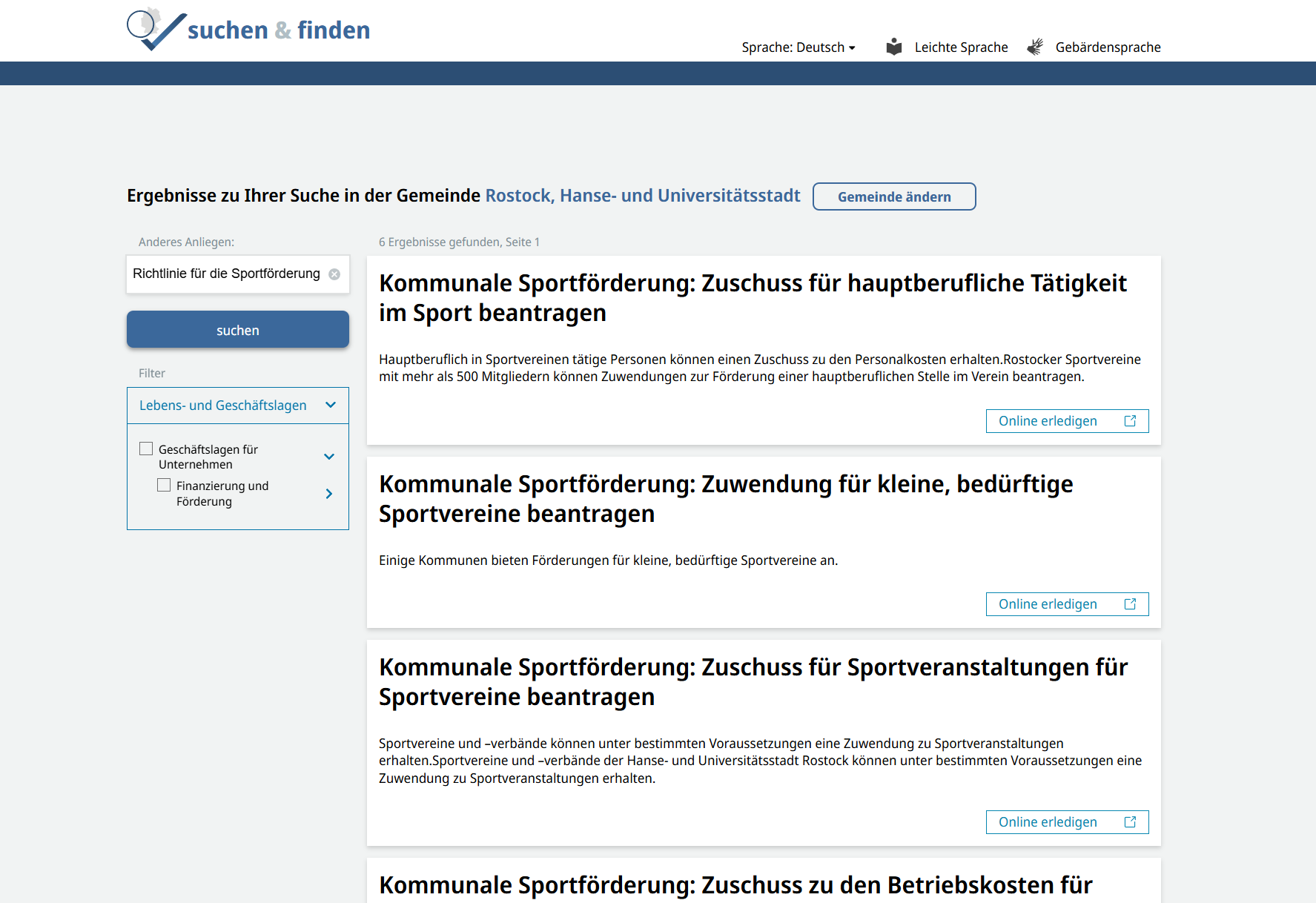 Ergebnisse der Suche im Frontend nach Release 9.7 Screenshot der Suche nach "Richtlinie für die Sportförderung" mit Ergebnissen
