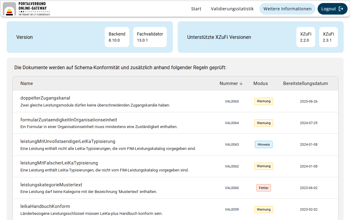 Weitere Information im Validator Service ValidatorService 9.16 Ansicht Weitere Informationen